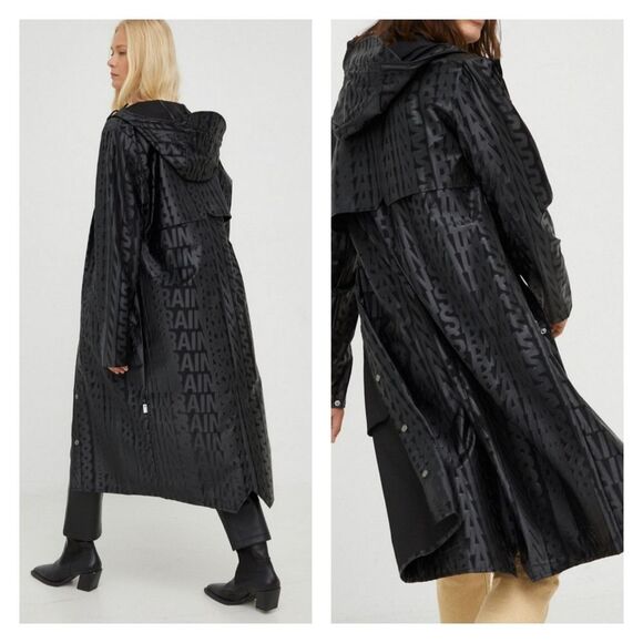Rains Long Logo Print Raincoat Hooded Unisex Black Women's Men's Size Large - Picture 3 of 16